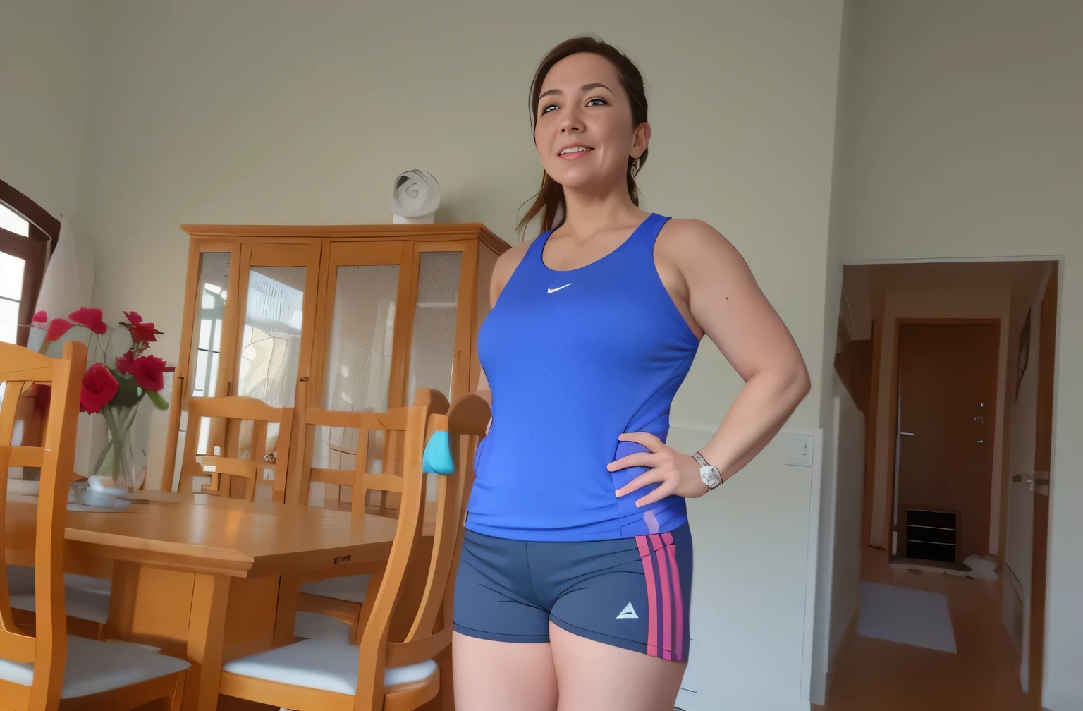 woman in blue tank top and shorts standing in front of a dining room table, sport bra and dark blue shorts, sport bra and shorts, short robust woman, wearing a tank top and shorts, wearing a camisole and shorts, tight black tank top and shorts, wearing fitness gear, dressed in a top and shorts, middle shot waist up, wearing adidas clothing