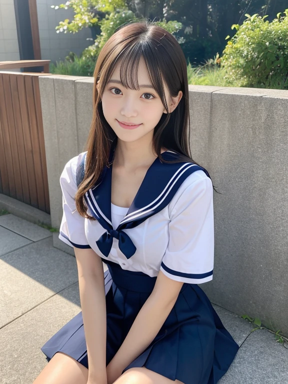 Tabletop, Highest quality, 8k、(Golden ratio face、Balanced Eyes、Very lively eyes、Slightly droopy eyes)、double eyelid、Innocent face、Young Face、Beautiful Nose、Embarrassed Laugh、Lip gloss、Balanced style、Brown twin-tailed hair、Very beautiful girl、Beautiful girl solo like a model、Tartan check tie、Sailor suit、White shirt、Tartan Check Skirt、White shoes下、White shoes、16age、smile、The sun is dazzling、There is wind、Playing in the sea、
