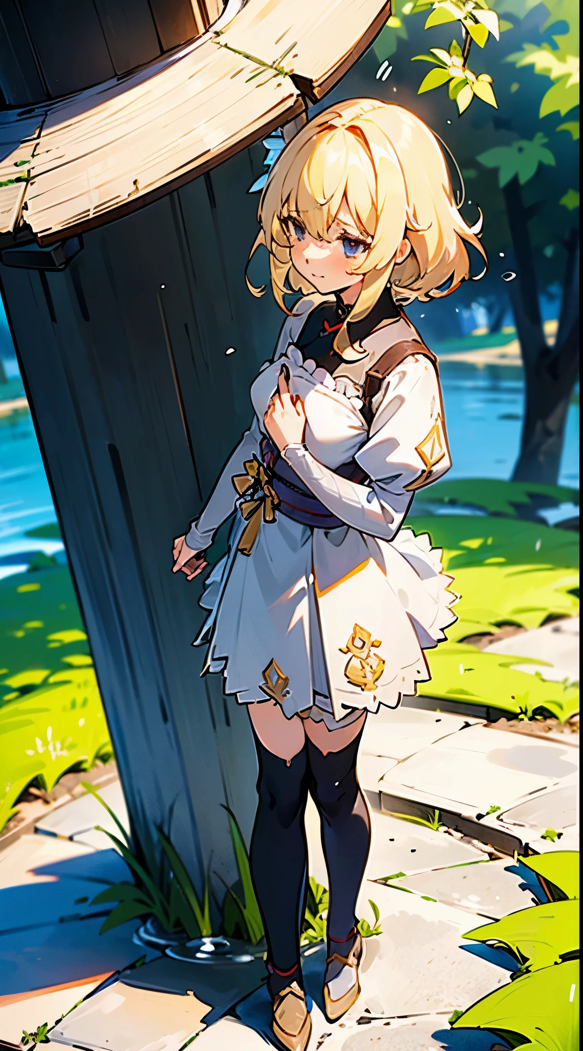 , ((a blond:1.4)), ((Long:1.4)), shame, He&#39;s looking at me with a shy expression on his face., Light blue fluttering short dress, frilldの付いた白いエプロンスカートを重ねる, frilld, A large white ribbon is tied in the back around the waist of the dress. , B-cup breasts, Light blue fluttering mini skirt, 両足ともハイソックスは爪先から太ももの半ばあたりまである長い白色のknee high, ((knee high:1.4)), and draw the full body, In the forest where bright sunlight shines through, Clothes disheveled and chest exposed, teatsが見えている, ((teats:1.4)), Her skirt is in disarray and her crotch is visible., 股のFemale genitalsが見えている, ((Female genitals:1.4)), Pee, お漏らししてPeeが股からチョロチョロと出ている, Lying on the ground, lying on one's side, Urine excreted on the ground around my waist runs down my thighs and wets the ground., ((pissing:1.5)), I&#39;m holding out my hand as if to invite you here, The girl is looking at this, Please draw from a low angle on the front side.