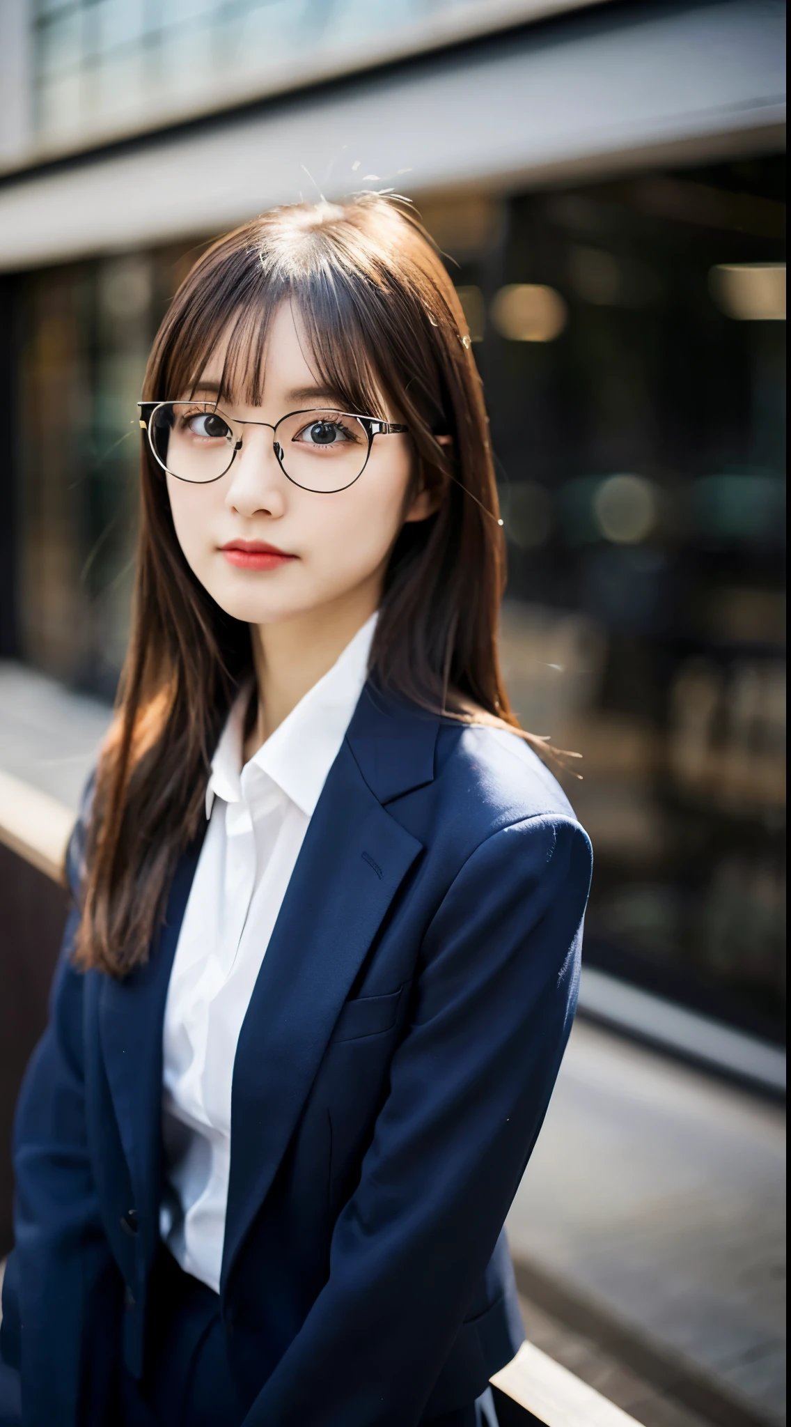ulzzang -6500-v1.1, masutepiece, , best qualtiy,、Ultra Detail, Classy elite woman in a suit and glasses poses for a photo, Sit on the couch and cross your legs、wearing a suit and glasses, Wearing a strict business suit, (Wear ultra-realistic pantyhose)、 in suit with black glasses, with black eyeglasses, Girl in suit, with glasses, Girl in a suit, in a strict suit, JK Uniform, japanese girl school uniform, Wearing a business suit, Japan school uniform, Wearing a business suit, On Body, Tindall Effect, Realistic, Shadow Studio, Rim lighting, dual-tone lighting, (High Detail Skins: 1.2), 8K UHD, Digital SLR, Soft light, High quality, Volume Light, Sneak Shots, Photo, High resolution, 4K, 8K, Background blur, realistic skin textures、shinny skin、Exposed thighs!!!、