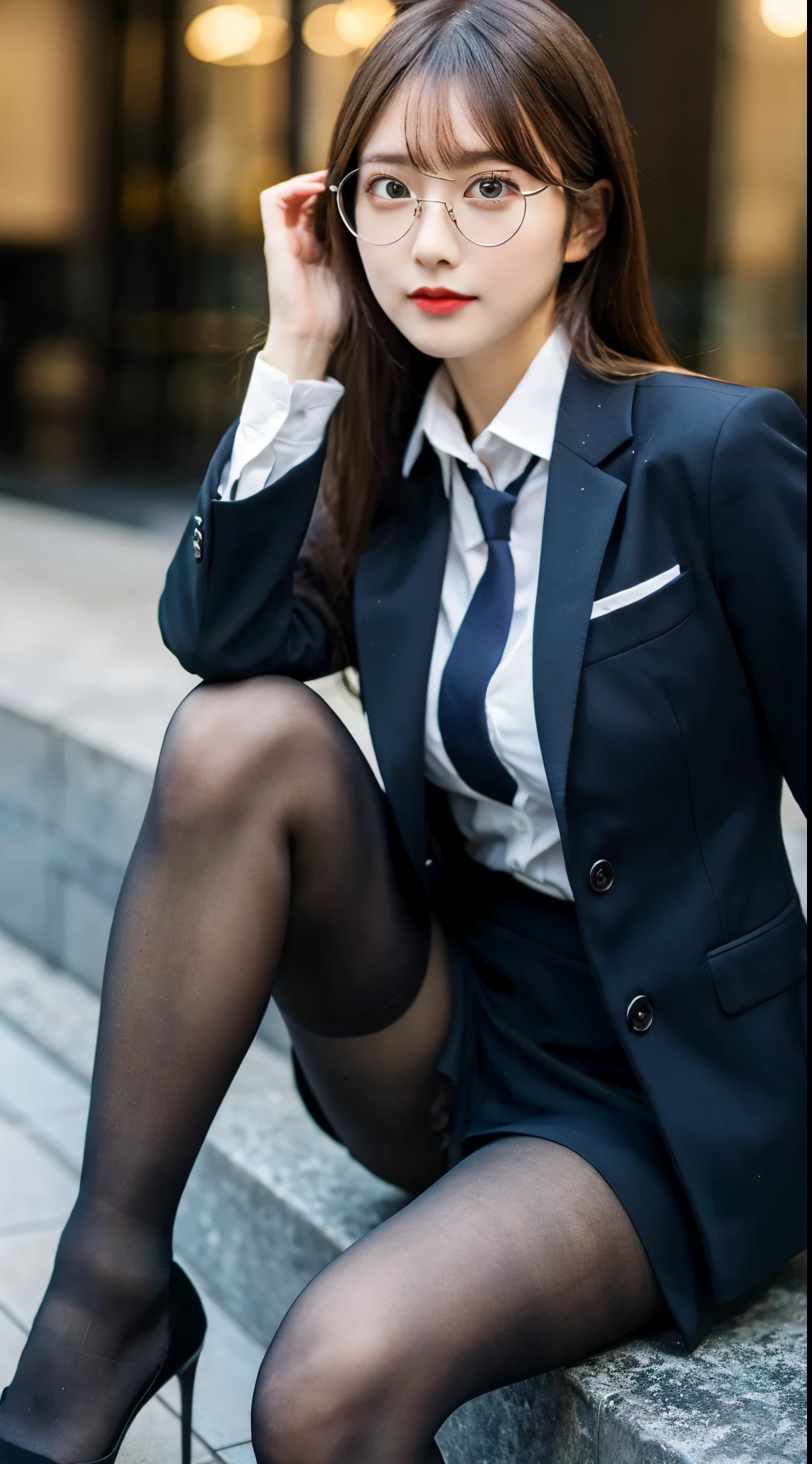 ulzzang -6500-v1.1, masutepiece, , best qualtiy,、Ultra Detail, Classy elite woman in a suit and glasses poses for a photo, Sit on the couch and cross your legs、wearing a suit and glasses, Wearing a strict business suit, (Wear ultra-realistic pantyhose)、 in suit with black glasses, with black eyeglasses, Girl in suit, with glasses, Girl in a suit, in a strict suit, JK Uniform, japanese girl school uniform, Wearing a business suit, Japan school uniform, Wearing a business suit, On Body, Tindall Effect, Realistic, Shadow Studio, Rim lighting, dual-tone lighting, (High Detail Skins: 1.2), 8K UHD, Digital SLR, Soft light, High quality, Volume Light, Sneak Shots, Photo, High resolution, 4K, 8K, Background blur, realistic skin textures、shinny skin、Exposed thighs!!!、