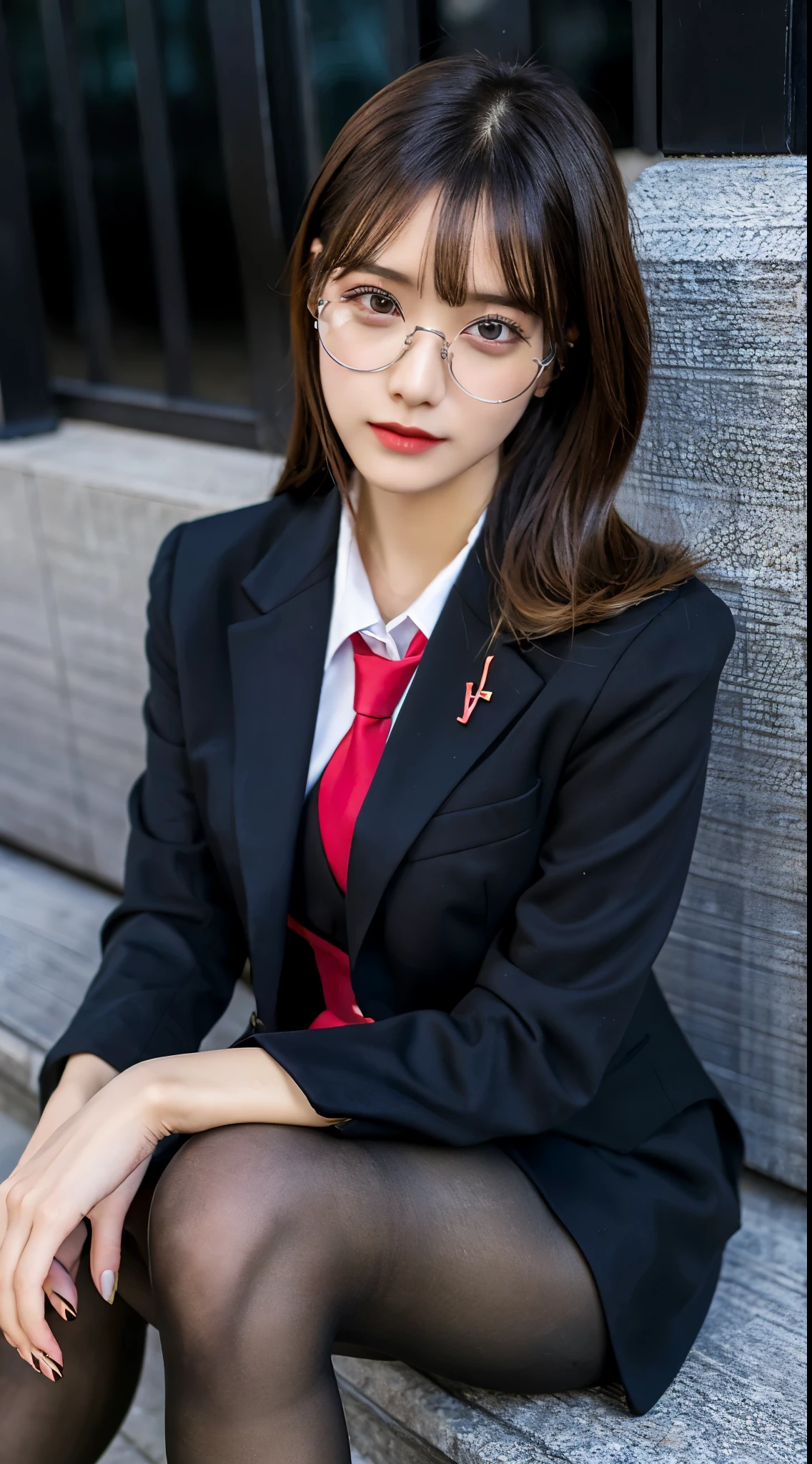 ulzzang -6500-v1.1, masutepiece, , best qualtiy,、Ultra Detail, Classy elite woman in suit and glasses poses for a photo, Sit on the couch and cross your legs、wearing a suit and glasses, Wearing a strict business suit, (Ultra-realistic pantyhose:1.2)、Pantyhose Focus、 in suit with black glasses, with black eyeglasses, Girl in suit, with glasses, Girl in a suit, in a strict suit, JK Uniform, japanese girl school uniform, Wearing a business suit, Japan school uniform, Wearing a business suit, On Body, Tindall Effect, Realistic, Shadow Studio, Rim lighting, dual-tone lighting, (High Detail Skins: 1.2), 8K UHD, Digital SLR, Soft light, High quality, Volume Light, Sneak Shots, Photo, High resolution, 4K, 8K, Background blur, realistic skin textures、shinny skin、Exposed thighs!!!、