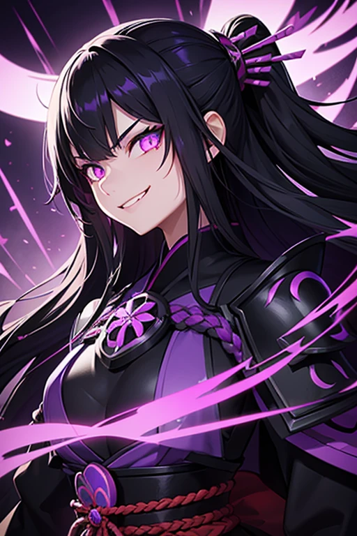 long black hair, purple glowing eyes, evil smile, black samurai armor, purple aura,