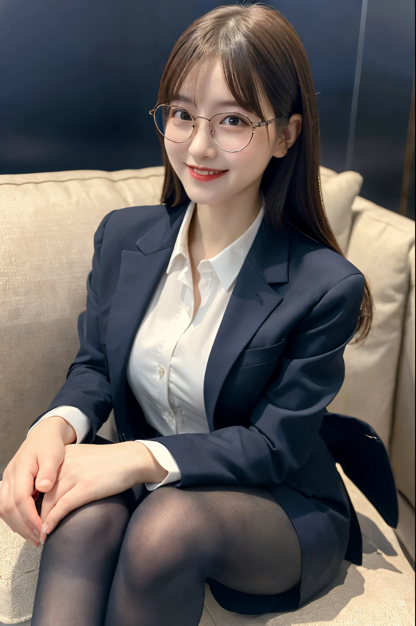 masutepiece, , best qualtiy,、Ultra Detail, Classy elite woman in a suit and glasses poses for a photo, Sit on the couch and cross your legs、wearing a suit and glasses, Wearing a strict business suit, (Ultra-realistic pantyhose:1.2)、 in suit with black glasses, with black eyeglasses, Girl in suit, with glasses, Girl in a suit, in a strict suit, JK Uniform, japanese girl school uniform, Wearing a business suit, Japan school uniform, Wearing a business suit, On Body, Tindall Effect, Realistic, Shadow Studio, Rim lighting, dual-tone lighting, (High Detail Skins: 1.2), 8K UHD, Digital SLR, Soft light, High quality, Volume Light, Sneak Shots, Photo, High resolution, 4K, 8K, Background blur, (Very affectionate smile:1.2)、realistic skin textures、shinny skin、Exposed thighs!!!、