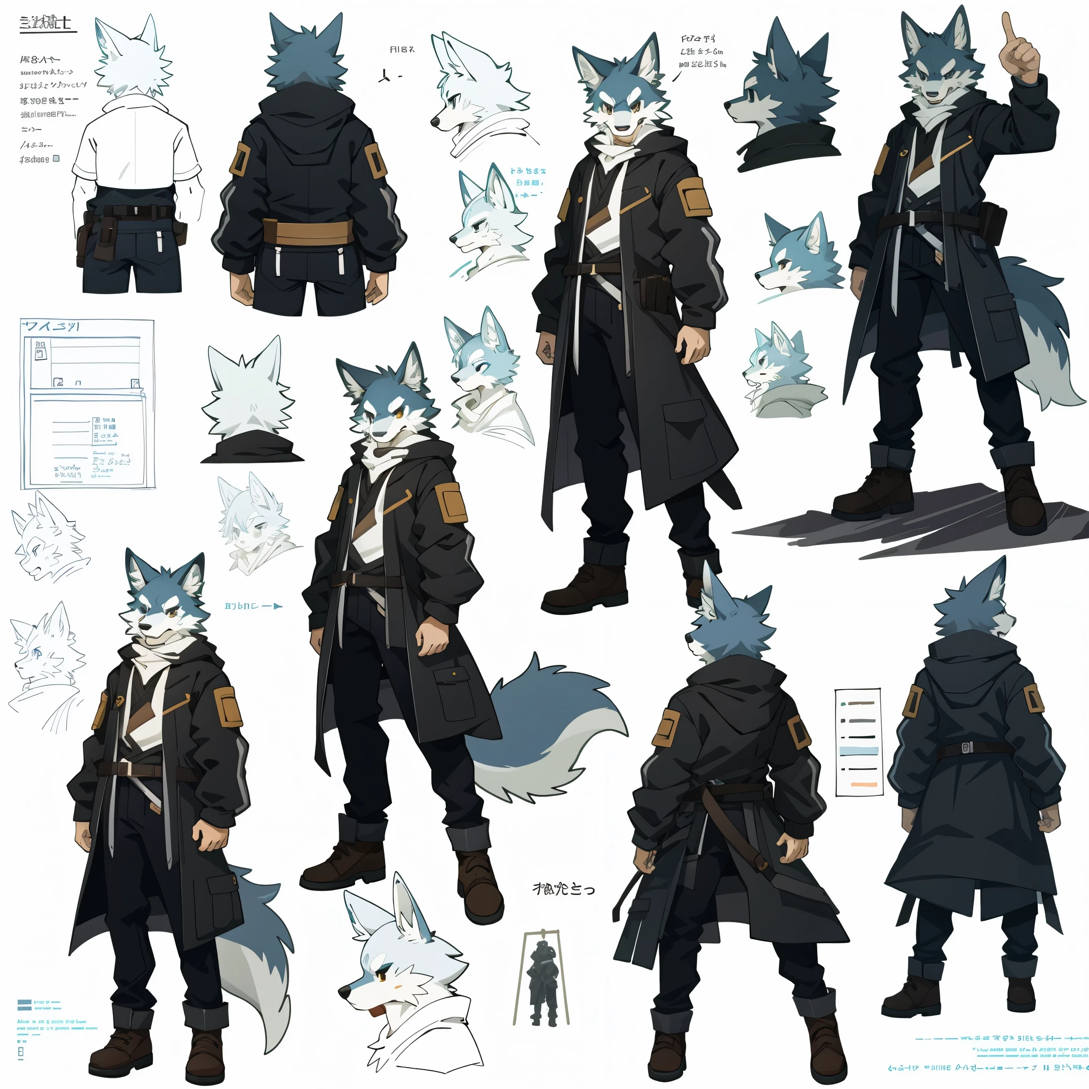highres, top quality, best quality, paid reward available, High-quality illustrations, unparalleled masterpiece, perfect artwork, absurdres, perfect anatomy, standing kemono boy, three view drawing, front and side and back, character sheet, character design wolf, assorted facial expression, fully posable, neutral pose, extra detailed body, 5fingers, thinking pose, cool pose(highly detailed figure)complete detailed body, anime character, Detailed description of character, text, Collection of setting materials,