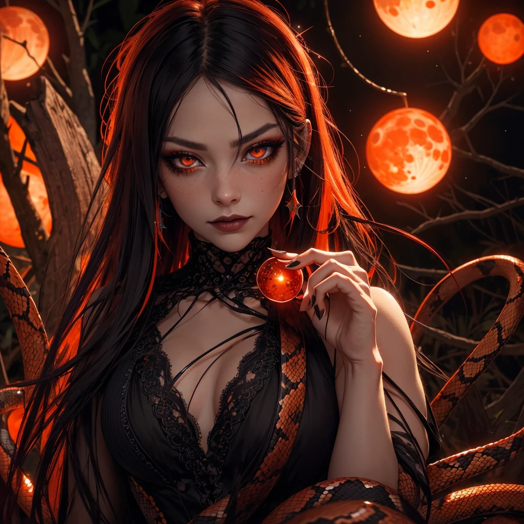 closeup snake eye with hyperintricate detail extreme closeup snake | vibrant sinister red orange yellow" twinkling lights jewelry | snake_eye slit_pupils short_neck | red black metallics | | gothic | epic | forest | sharp_image | perfect eyes | anime_realism 3D perfect | gorgeous | stunning animated | moonlit | comicbook | overgrown | saturated color | deep_color | deep depth of field | polished | whimsical gothic fairycore | stars | intricate beautiful ethereal makeup | long hair | high_resolution | orange | sparkle haunted