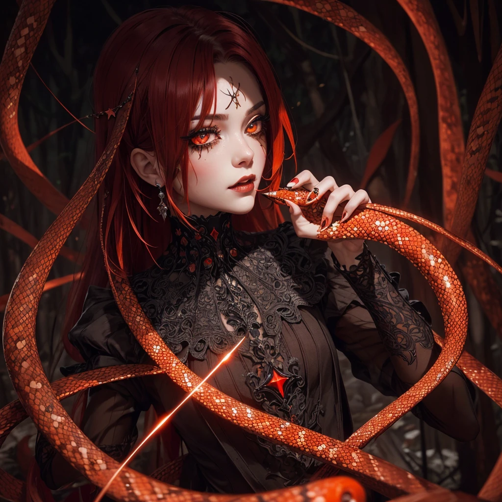 closeup snake eye with hyperintricate detail extreme closeup snake | vibrant sinister red orange yellow" twinkling lights jewelry | snake_eye slit_pupils short_neck | red black metallics | | gothic | epic | forest | sharp_image | perfect eyes | anime_realism 3D perfect | gorgeous | stunning animated | moonlit | comicbook | overgrown | saturated color | deep_color | deep depth of field | polished | whimsical gothic fairycore | stars | intricate beautiful ethereal makeup | long hair | high_resolution | orange | sparkle haunted