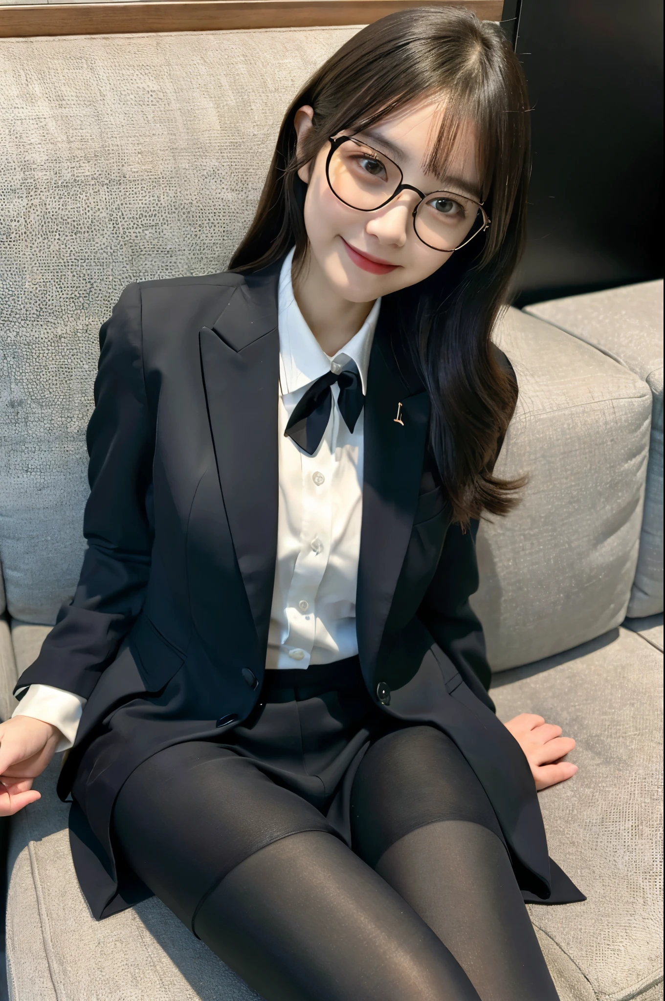 Araffe woman in a suit and glasses sitting on a couch - SeaArt AI