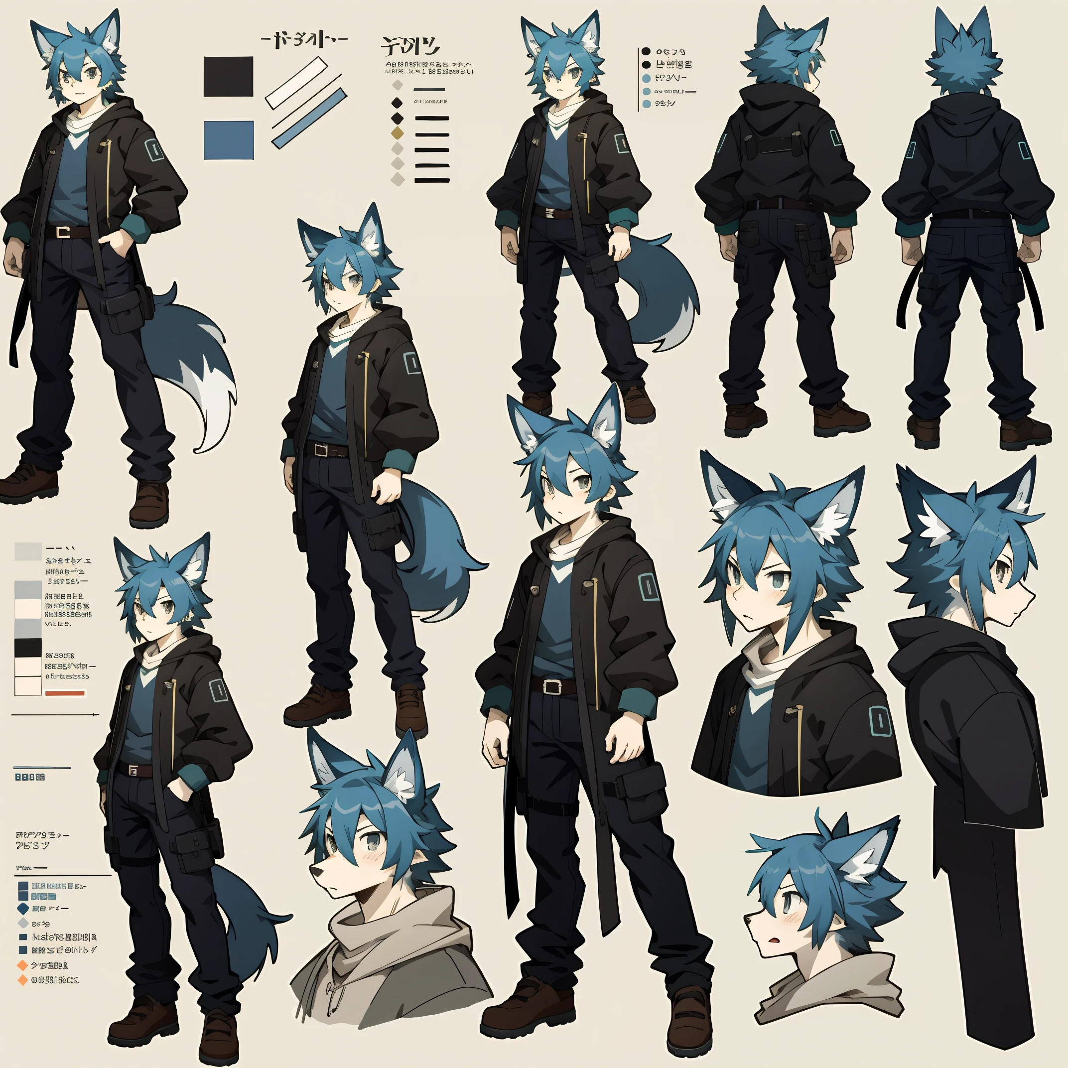 highres, top quality, best quality, paid reward available, High-quality illustrations, unparalleled masterpiece, perfect artwork, absurdres, perfect anatomy, standing kemono boy, three view drawing, front and side and back, character sheet, character design wolf, assorted facial expression, fully posable, neutral pose, extra detailed body, 5fingers, thinking pose, cool pose(highly detailed figure)complete detailed body, anime character, Detailed description of character, text, Collection of setting materials,