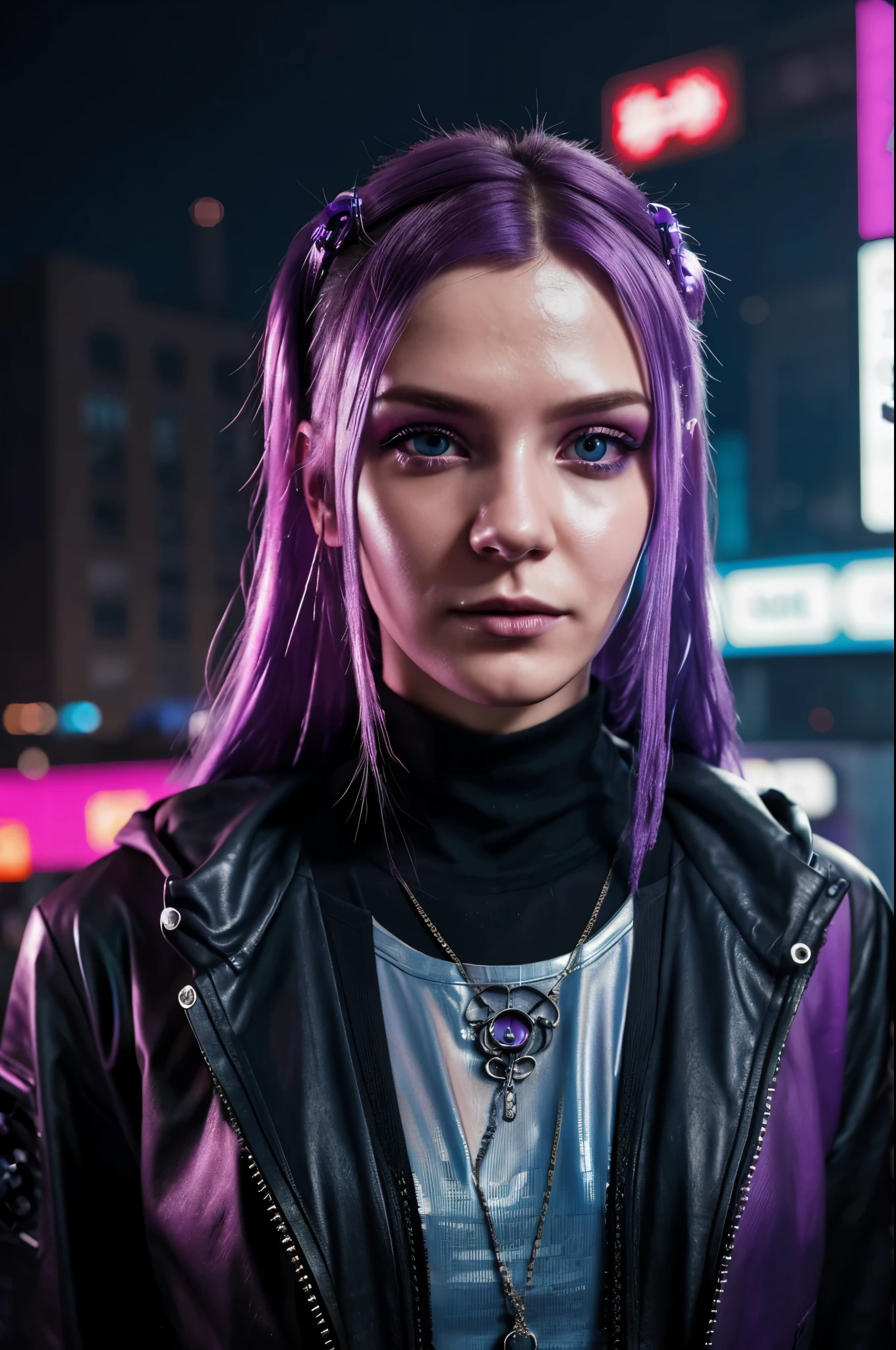Close-up of woman with purple hair and blue eyes, Мечтательная девушка with Cyberpunk style, bright cyberpunk glow, Красивое лицо девушки with Cyberpunk style, Красивая девушка with Cyberpunk style, Портрет девушки with Cyberpunk style, Красивая модель женщины with Cyberpunk style, cyberpunk portrait, cyberpunk atmosphere, cyberpunk atmospheres, Цвет with Cyberpunk style, color portrait, blue and purple glowing hair, with Cyberpunk style, color photograph portrait 4k, cyberpunk photo
