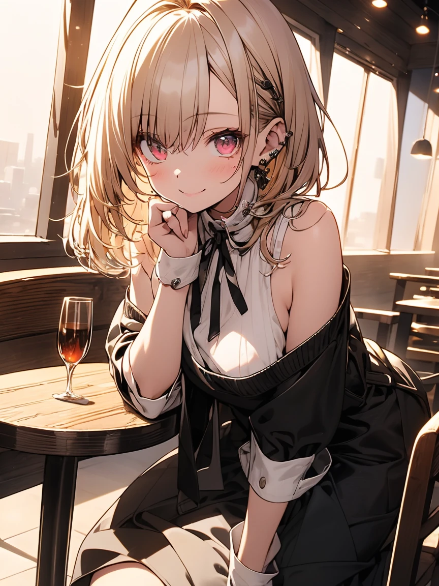 masterpiece, absurdres, best quality, ultra detailed, high Resolution, detailed illustration, extremely beautiful detailed face and eyes, bright colour, 1girl, (loli), cute face, Delicate beautiful face, magenta eyes, cute eyes, sparkling eyes, big eyes, medium breasts, (perky breasts:1.1), (pointy breasts:1.1), medium hips, glamorous body, white skin, smile, BREAK, long bob cut, (blonde hair:0.8), messy hair, detailed hair, shiny hair, BREAK off shoulder sweater, long skirt, tiny ribbon, restaurant, eating shortcake, real world, natural lights, perfect lighting,