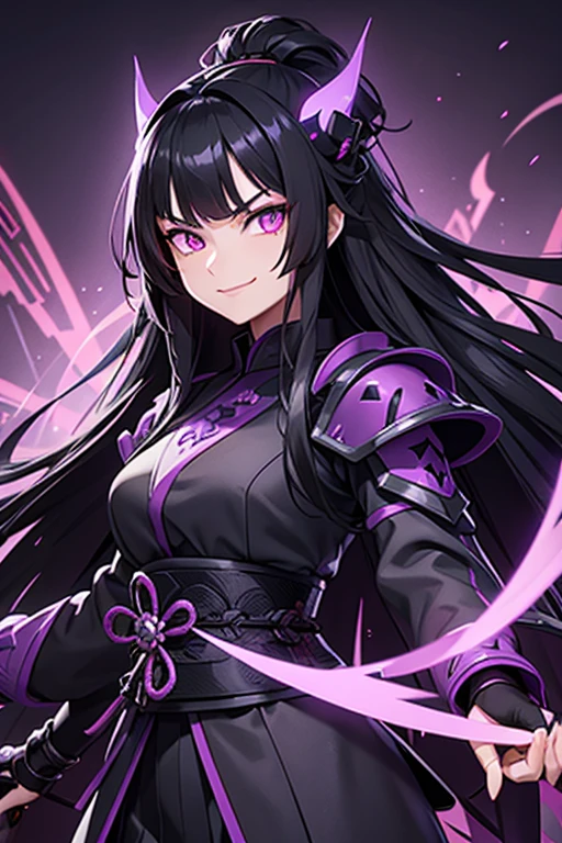 long black hair, purple glowing eyes, evil smile, black samurai armor, purple aura,