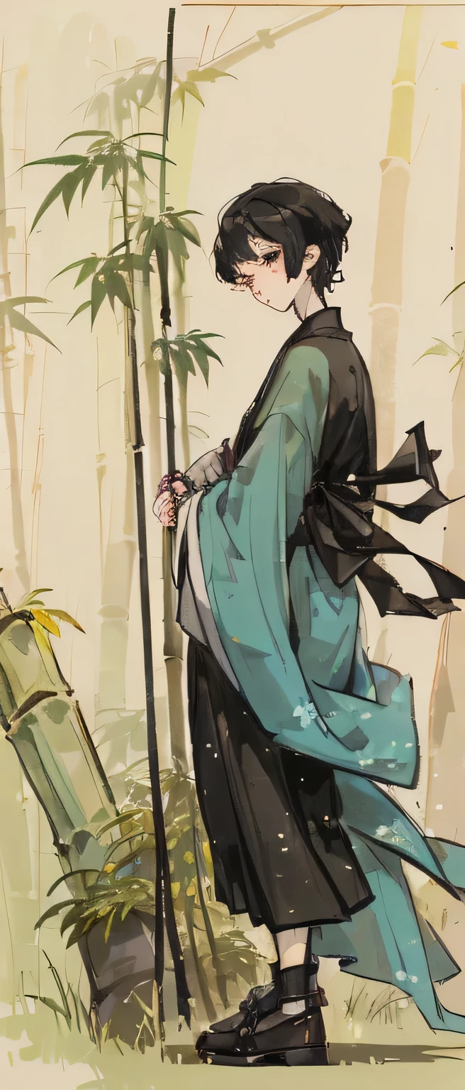 ((4K,tmasterpiece,Best quality at best)), shuimobysim, National congratulationamboo forrest, Hanfu, maxis kit, Pretend to be conservative 1 boy, Alone, with short black hair, ssmile, The stands up, wearing shoes