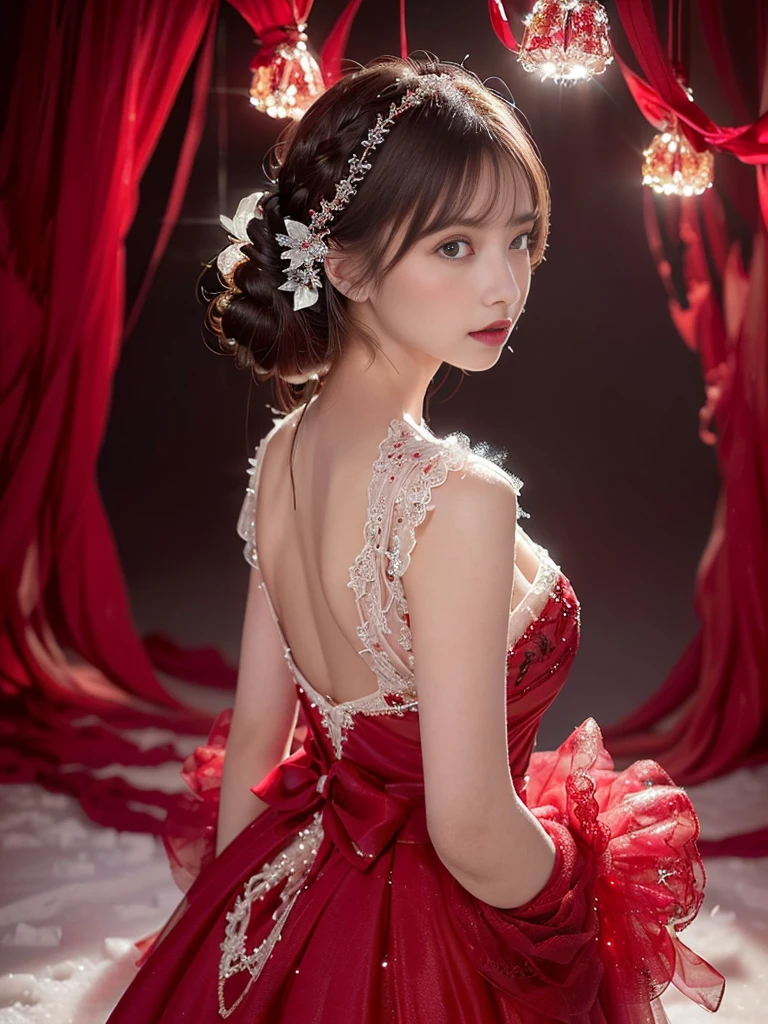 (red frozen crystal-themed dress with intricate ice-inspired details:1.2), (red dress adorned with abundant lace and ribbons:1.3), (mesmerizing red dress inspired by ice crystals, creating a magical aesthetic:1.2), (large breasts:1.4), (effortlessly chic hairstyle:1.4), (from below:1.4), (appearance from behind:1.4) break, (world transformed into a magical red ice cave with enchanting illumination:1.1), (soft, diffused lighting:1.4), (lots of magical sparkles:1.4),