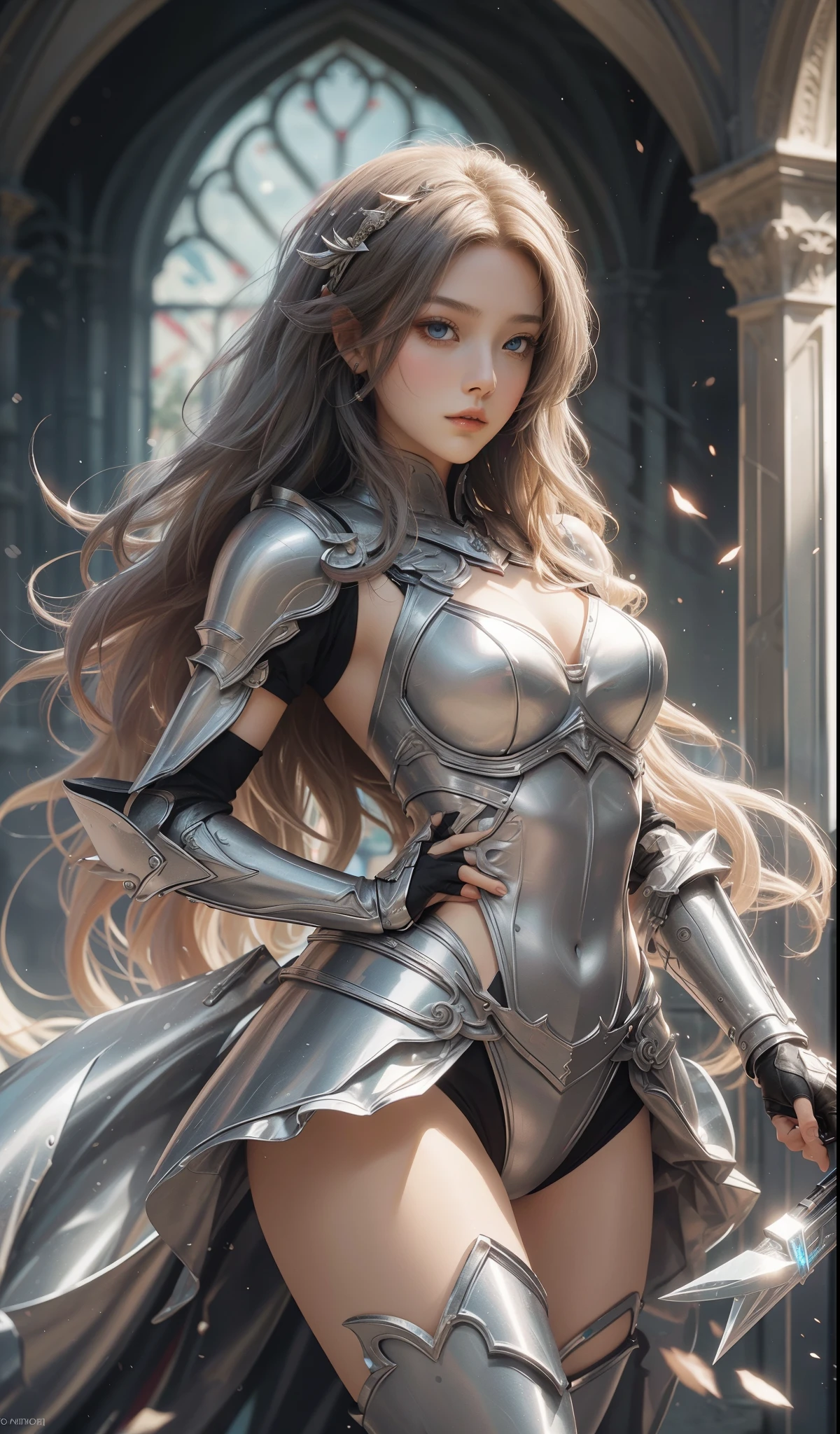 tmasterpiece，Highest image quality，Beautiful bust of a noble female knight，Exquisite silver-white long hair，red color eyes，清澈的red color eyes，holy sword，full body armors，Armor gauntlets，Medieval Church Templar Set，Ultra-detailed details，advanced。At the Pixiv Art Station，Break your own power，The kinky is exposed，R-18G