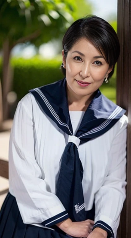 intaglio, from the chest up, wrinkles,masutepiece, Best Quality, Ultra-detailed, Photorealistic, Ultra-detailed細なスキン, Perfect Anatomy, (1 Japan mature woman), (Solo), 75 years old, Big breasts, Mature Female Politician, carismatic, A sexy, look at viewr,Middle-aged woman,(No cleavage),upper limbs,Outdoors,Sea background,Sitting,earrings,Necklace,{(((white and navy sailor))), (((uniform))), (((a sailor suit))), (((neckerchief))), Navel is visible, (((Dark blue pleated skirt))),(micromini skirt)}, lowfers, Plump, Fat, wide hips, thighs thighs thighs thighs, open open mouth,(black lace leg garter) ,Focus on Face,Pretty Face,close up,