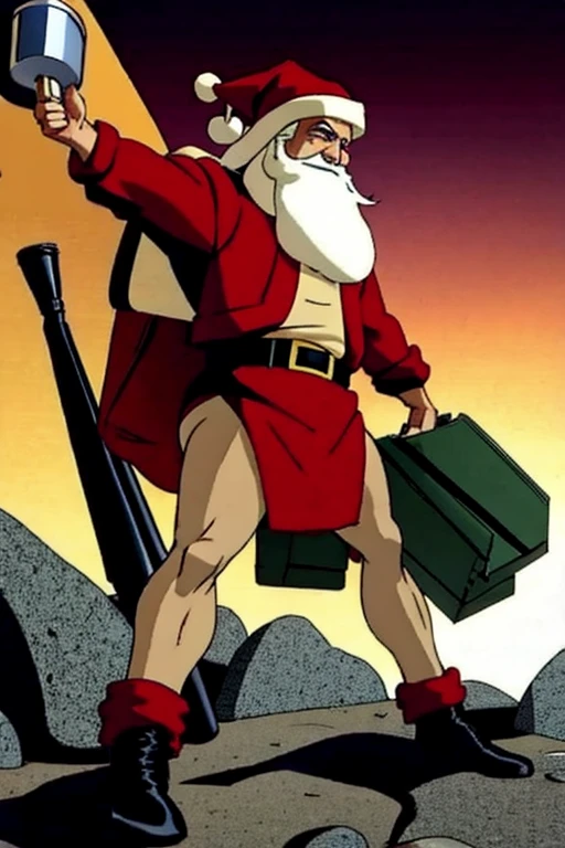 Santa Claus laughing and holding a machine gun watching the kids crying, Christmas presents burnin in the background
