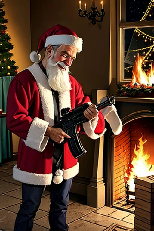 Santa Claus laughing and holding a machine gun watching the kids crying, Christmas presents burnin in the background