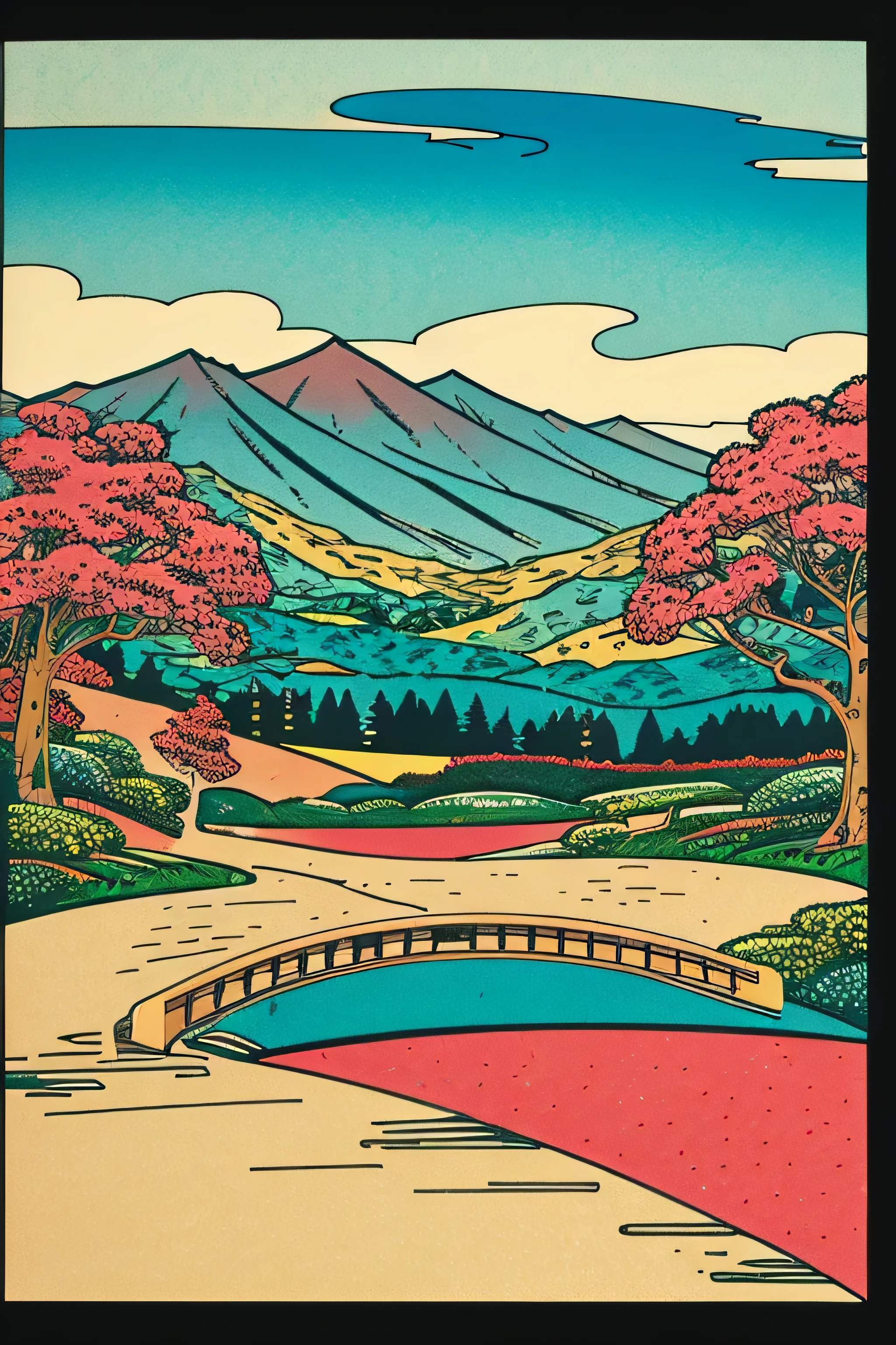 Ukiyo-e style landscapes pop music colourfull Artitech Printmaking style