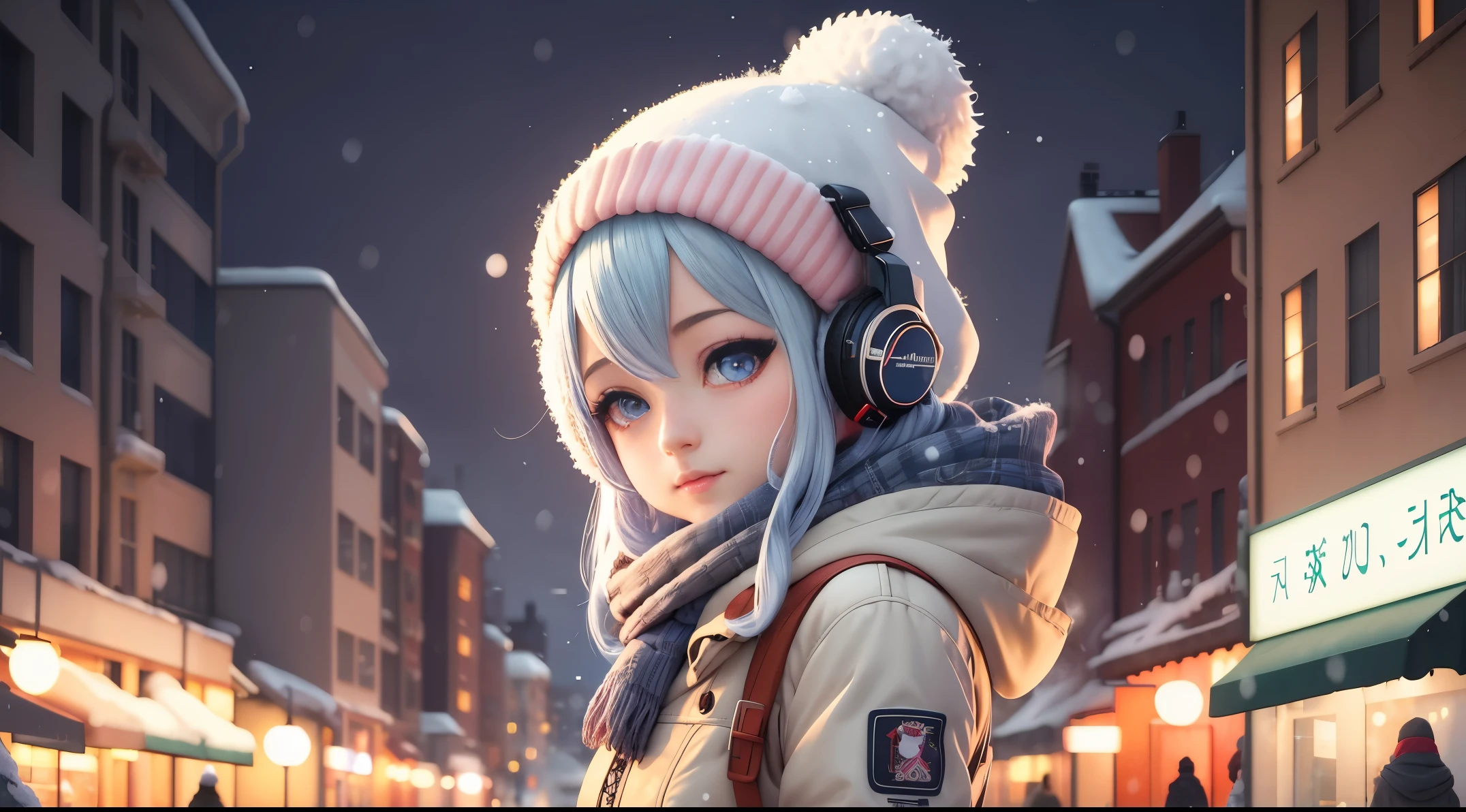 beautiful anime girl, winter city street, listening to music, detailed eyes and face, long eyelashes, stylish winter clothes, snow-covered buildings, soft snowfall, cozy street lights, urban landscape, vibrant colors, anime style, magical atmosphere, best quality, high-res, vivid colors, soft lighting