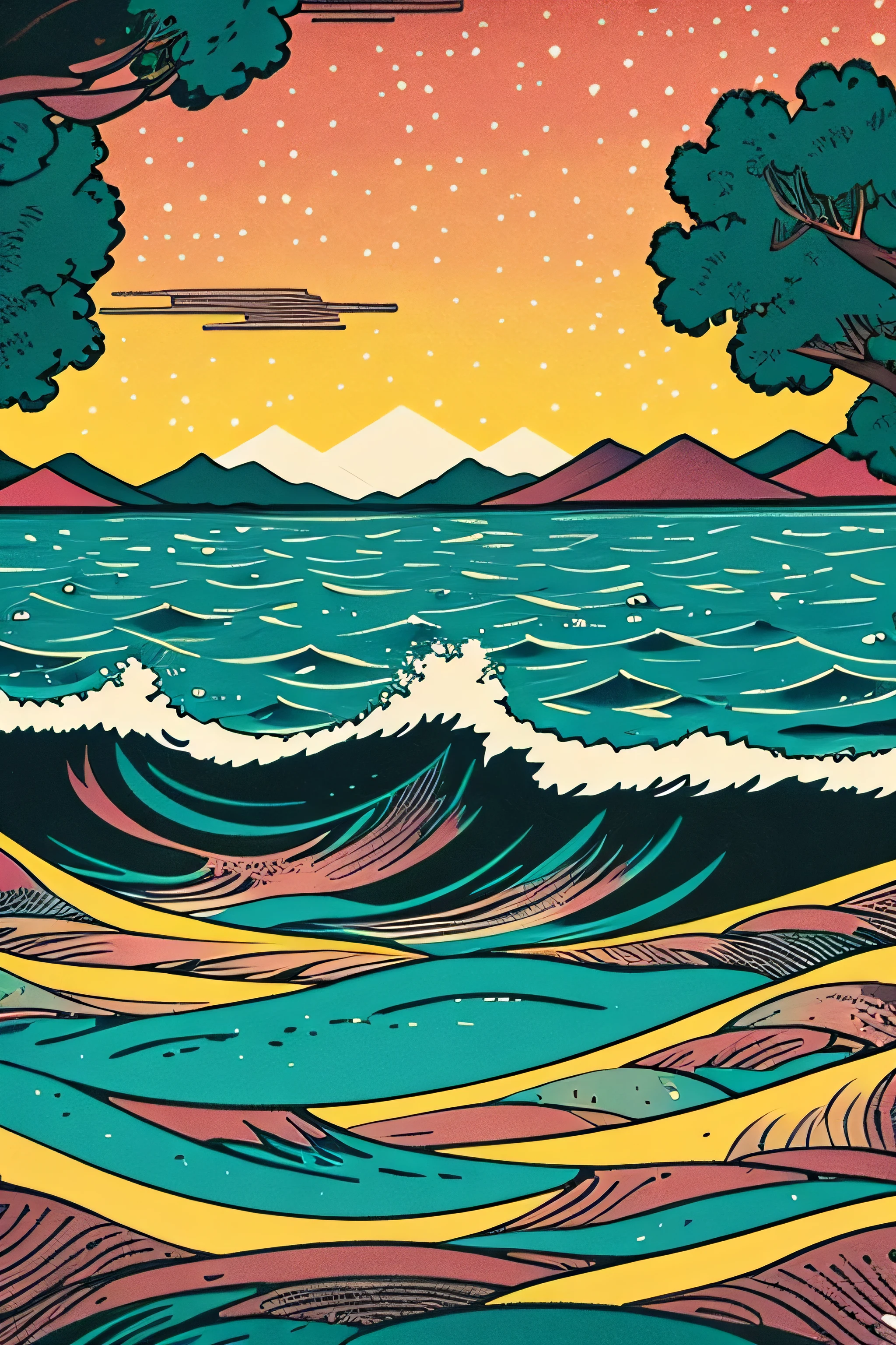 Ukiyo-e style landscapes pop music colourfull Artitech Printmaking style