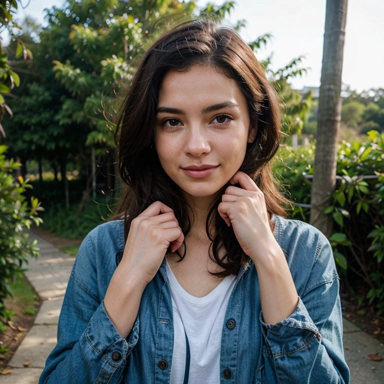 Gere uma imagem realista de uma jovem exploradora digital chamada Aurora Santos. Ela tem 25 anos, tem olhos castanhos expressivos e cabelos pretos com brilho natural. Its appearance is vibrant and authentic, reflecting a mix of curiosity and elegance. Vista-se com estilo Equilibrando conforto e moda,she is walking on a trail