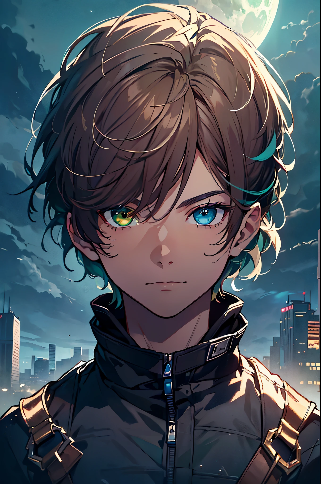 masterpiece, best quality, ((((1man)))), (colorful),(finely detailed beautiful eyes and detailed face),cinematic lighting,extremely detailed CG unity 8k wallpaper, sky, cloudy_sky, building, moonlight, moon, night, (dark theme:1.3), light, fantasy, ((heterochromia)) ((Blue and Green eyes)) ((Brown Hair)) ((boy))