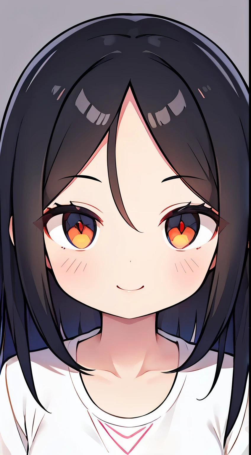One girl with black hair, hair length until bust, straight hair, hair parted in center of head, round face. hairstyle with a center part, that the hair should be parted down the middle, creating a symmetrical look without any frontal hair covering the forehead. Looking straight. Looking straight at viewers. Smiling. Happy. Wearing casual shirt. Straight pose. Frontal view