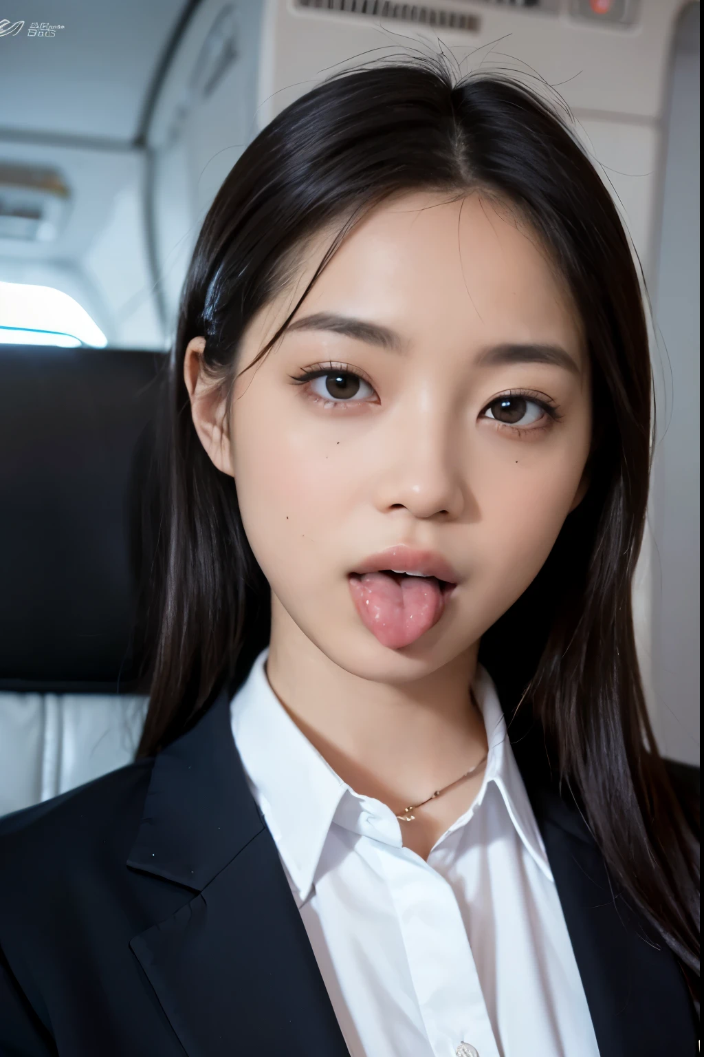 top-quality, masutepiece, 8K, Ultra high definition, (Photorealistic: 1.4), 1 girl, 美丽的面容, symmetry eyes, Big, Perfect body proportions, Stewardess uniform, The gaze of the beholder, (Inside the aircraft: 1.2), Front view, Absolute area (1.3), (((put out the tongue))),