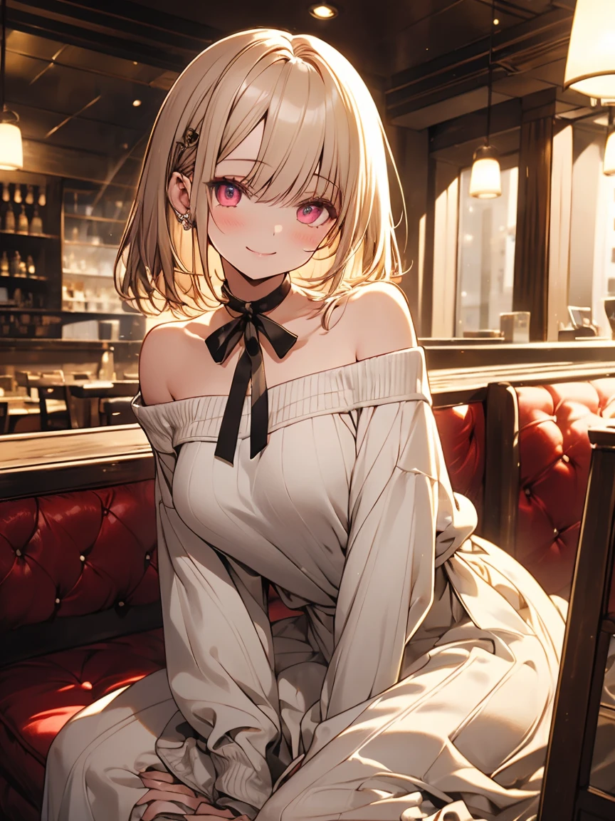masterpiece, absurdres, best quality, ultra detailed, high Resolution, detailed illustration, extremely beautiful detailed face and eyes, bright colour, 1girl, (loli), cute face, Delicate beautiful face, magenta eyes, cute eyes, sparkling eyes, big eyes, medium breasts, (perky breasts:1.1), (pointy breasts:1.1), medium hips, glamorous body, white skin, smile, BREAK, long bob cut, (blonde hair:0.8), messy hair, detailed hair, shiny hair, BREAK off shoulder sweater, long skirt, tiny ribbon, restaurant, eating shortcake, real world, natural lights, perfect lighting,