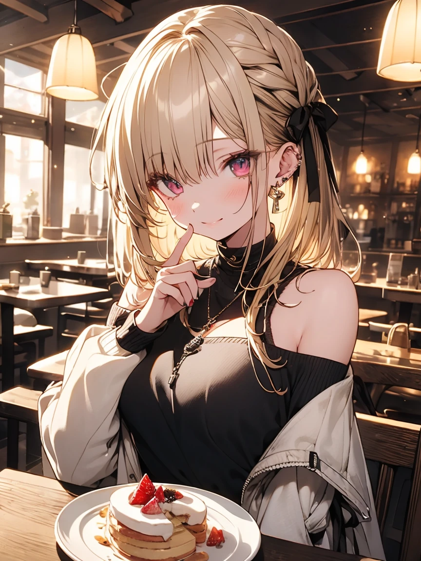 masterpiece, absurdres, best quality, ultra detailed, high Resolution, detailed illustration, extremely beautiful detailed face and eyes, bright colour, 1girl, (loli), cute face, Delicate beautiful face, magenta eyes, cute eyes, sparkling eyes, big eyes, medium breasts, (perky breasts:1.1), (pointy breasts:1.1), medium hips, glamorous body, white skin, smile, BREAK, long bob cut, (blonde hair:0.8), messy hair, detailed hair, shiny hair, BREAK off shoulder sweater, long skirt, tiny ribbon, restaurant, eating shortcake, real world, natural lights, perfect lighting,