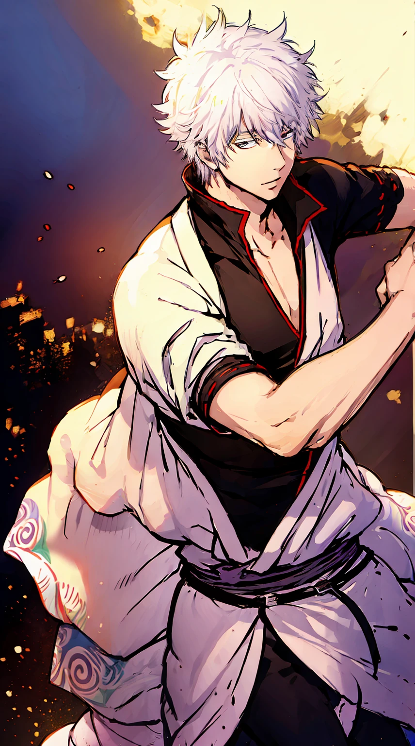 (Gintoki Sakata,Gintama),1young man, male photo, eat parfait,best quality, masterpiece, ultra detailed