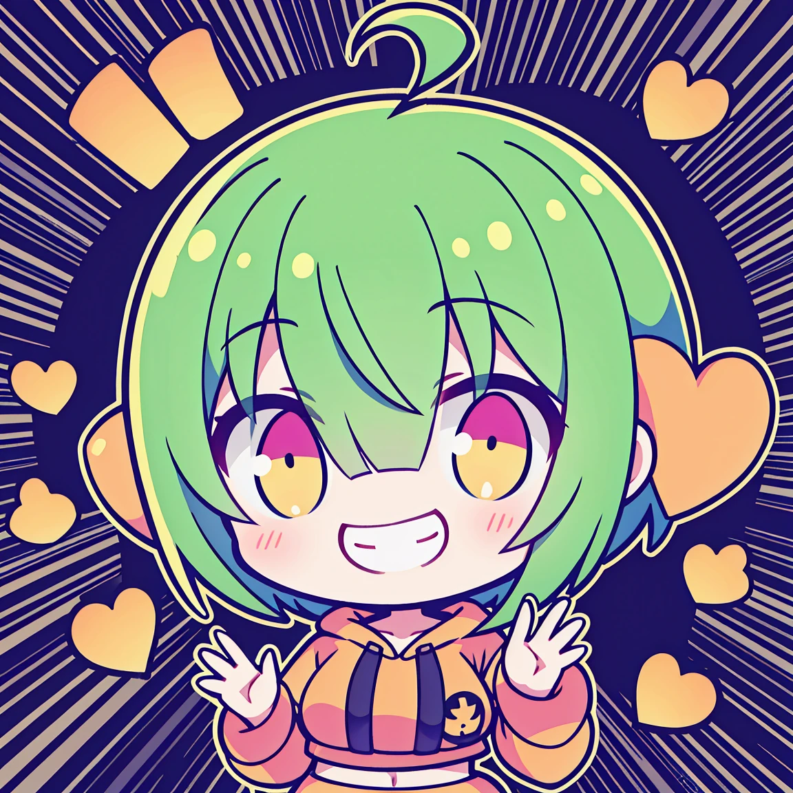 masutepiece, Best Quality, 1 boy, Solo, Green hair, Blunt bangs, ((short-hair)), Peach stared., Black hoodie,  heart, ((Big heart)), (((Smiling))), Leaning forward, ((raise two hands))