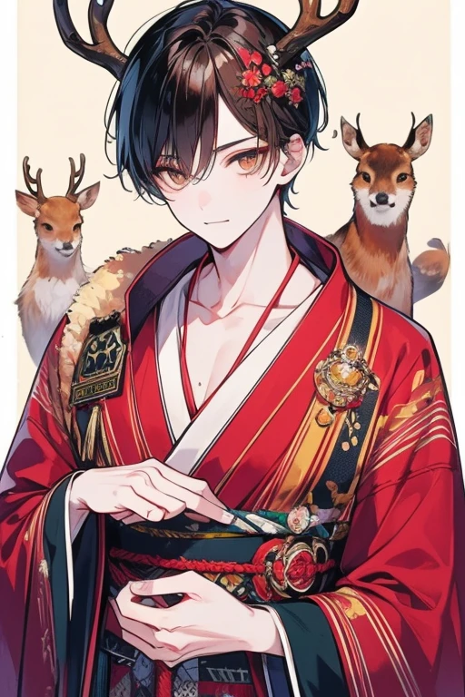 Unparalleled beauty,face perfect、、Magazine covers、(male people、male peopleだけ),Perfect Eye、sportsman'Body of、Archaic costume、Retro、short-haired、Deer antlers grow from the head、、Golden Eyes、Brown hair、、Kimono、、Outerwear、ファッションmodeled、actor、modeled、brand costumes、well-trained physique、provocative smiling、well-muscled、full body Esbian,