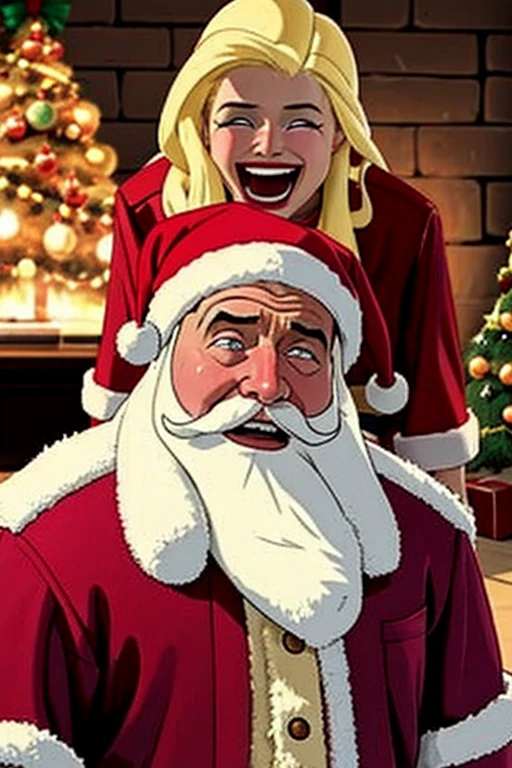 Santa Claus laughing looking to this poor ??? crying, Christmas presents burnin in the background