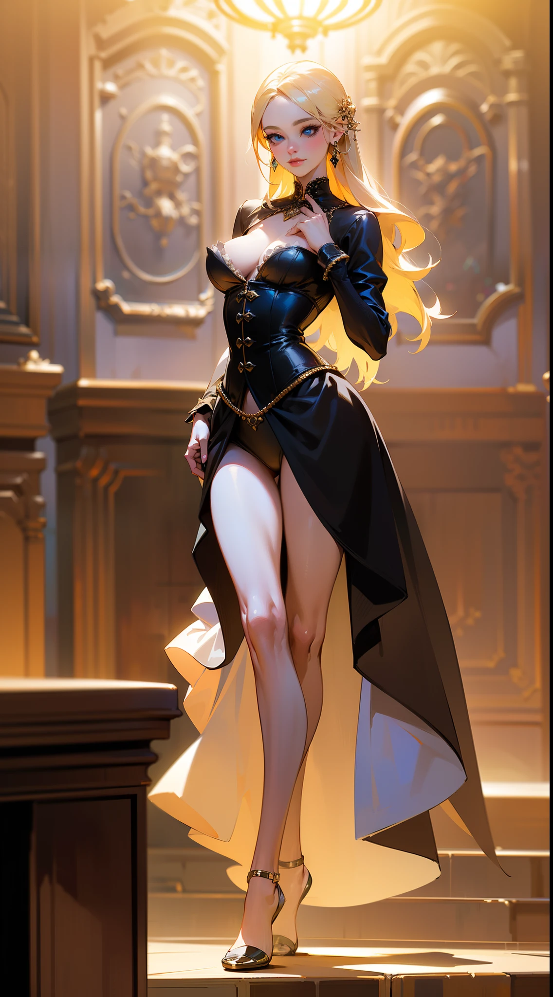 high quality fingers, normal hands, detailed fingers, masterpiece, (realistic, photo-realistic:1.37), (full body:1.5), High-end editorial-style photoshoot highlighting the beauty of a woman with blonde hair and bright blue eyes, dressed in a chic red and black corset, thin waist, seductive smile, large tits, perfect body, perfect face, (full body:1.5), set within the refined atmosphere of a Victorian ballroom. Stylish, elaborate jewelry made with expensive gems.