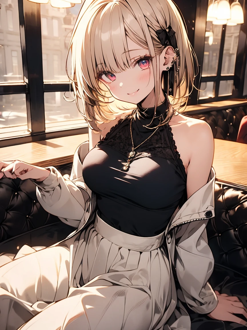 masterpiece, absurdres, best quality, ultra detailed, high Resolution, detailed illustration, extremely beautiful detailed face and eyes, bright colour, 1girl, (loli), cute face, Delicate beautiful face, magenta eyes, cute eyes, sparkling eyes, big eyes, medium breasts, (perky breasts:1.1), (pointy breasts:1.1), medium hips, glamorous body, white skin, smile, BREAK, long bob cut, (blonde hair:0.8), messy hair, detailed hair, shiny hair, BREAK off shoulder sweater, long skirt, tiny ribbon, restaurant, eating shortcake, real world, natural lights, perfect lighting,