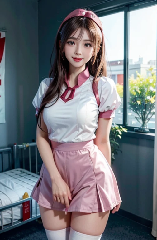 ((((, , Perfect Anatomy, Ultra-detailed細なスキン)))), 1 girl, Japanese, 19 years old, Nurse, White skin, Shiny skin, Large breasts:0.5, Watching the view, (Smile:1.5),
Beautiful detailed eyes, (Middle hair:1.1, half up:1.5), Blonde hair, Blue eyes, Pink lips, baby-face, Mole under the eyes,
((Nurse cap, Short sleeves, light pink Nurse wear, ((White legwear, zettai ryouiki)), white gloves beautiful scenery), during daytime, , ((Inside the hospital bedroom, Modern)), Standing,
(8K, Best Quality, masterpiece, Ultra-detailed, ), (Photorealistic), Illustration, Cinematic lighting,