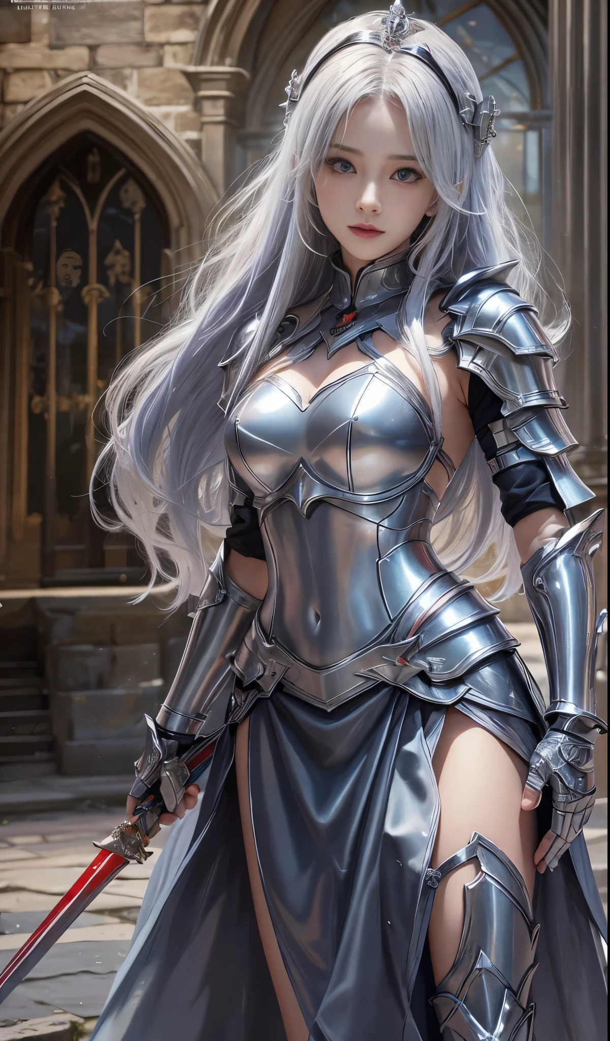 tmasterpiece，Highest image quality，Beautiful bust of a noble female knight，Exquisite silver-white long hair，red color eyes，清澈的red color eyes，holy sword，full body armors，Armor gauntlets，Medieval Church Templar Set，Ultra-detailed details，advanced。At the Pixiv Art Station，Break your own power，The kinky is exposed，R-18G