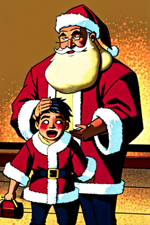 (2 persons), 1 Santa Claus laughing looking to this poor ??? crying (1kid), Christmas presents burnin in the background