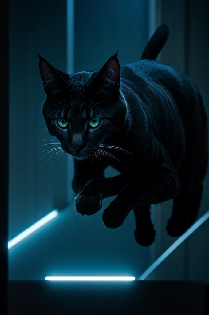 (best quality,4k,highres,ultra-detailed:1.2),wild futuristic assassin gaze,cat of the future,sharp focus,physically-based rendering,professional,vivid colors,futuristic style,wild animal,wild animal eyes,aggressive pose,mechanical enhancements,dystopian environment,neon lights,metallic texture,dangerous yet elegant,technological advancements,advanced robotics,deadly assassin,lethal weapon,stealthy movements,predator instincts,feline features,dynamic composition,edgy and sleek design,sleek and streamlined body,glowing eyes,swift and agile,leaping through shadows,ominous atmosphere,electric blue color scheme,striking and powerful aesthetics.