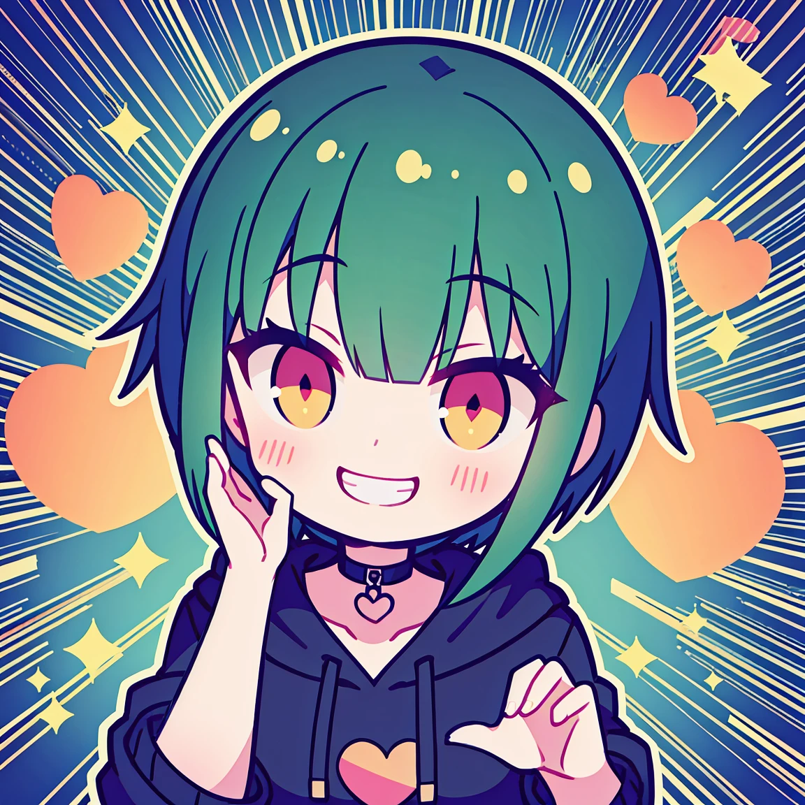 masutepiece, Best Quality, 1 boy,1 girl,a couple,Lovers, Solo, Green hair, Blunt bangs, ((short-hair)), Peach stared.., Black hoodie,  heart mark, ((Big heart mark)), (((Smiling))), Leaning forward, ((raise two hands))