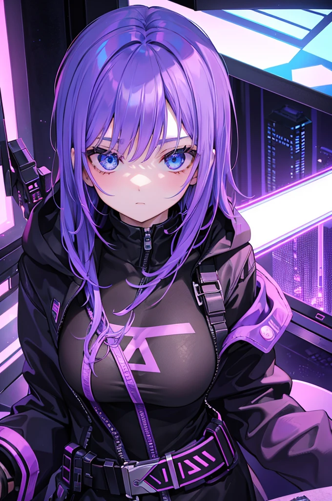 1girl, ganyu \(genshin impact\), long hair, hair blowing in the wind, (black cyber hoodie:1.6), black pantyhose, portrait, emotionless face, looks down, kawaiitech, pastel colors, kawaii, cute colors, <lora:KawaiiTech:1> <lora:add_detail:1> <lora:ganyu:1>