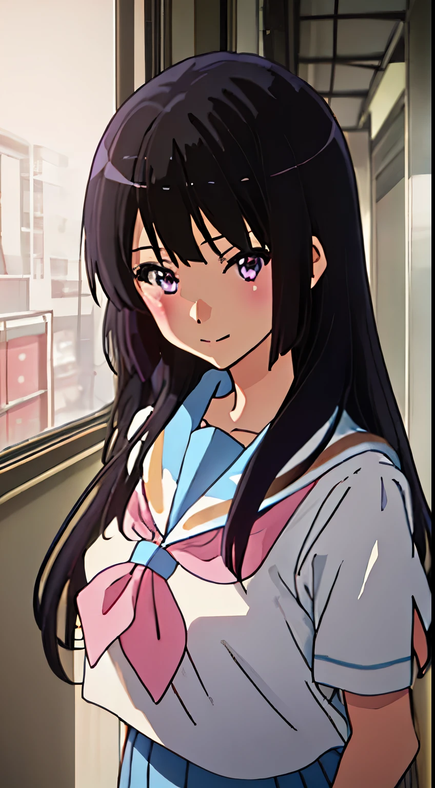 Best Quality, masutepiece, highres, Solo, {kousaka_A queen_Sound Euphonium:1.15}, Black_hair, long_hair, Purple_Eyes, blush, Bangs, Closed_Mouth, serafuku, Blurry, 1girl in, brown_Shirt, Hokuyuji Temple_high_School_uniform, up looking_で_viewer, neckerchief, sailor_Collar, School_uniform, Shirt, white_sailor_Collar, a smile、 Red_neckerchief