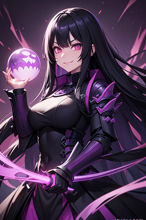 long black hair, purple glowing eyes, evil smile, dark samurai armor, dark purple aura
