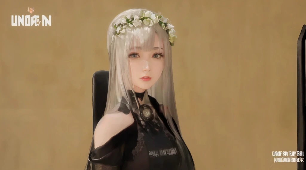 a close up of a woman in a black outfit with a flower crown on her head, fine details. girls frontline, from girls frontline, m4 sopmod ii girls frontline, female character, flower tiara, girls frontline style, 8 k character details, close up character, female anime character, guweiz, katana zero video game character, character close up, realistic