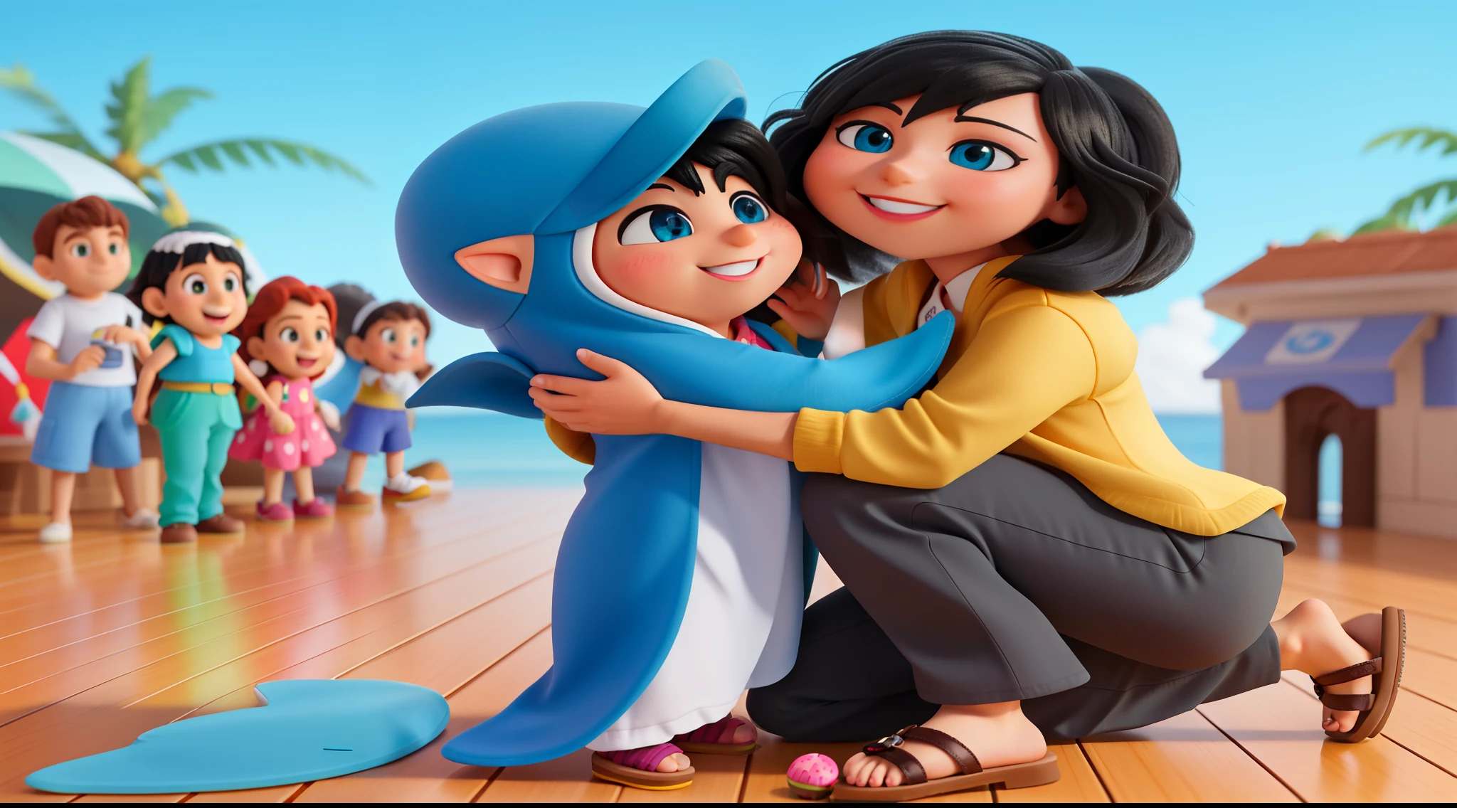 a 3d pixar disney style movie poster with the text “The Incrível Mamãe Tubarão e Seu Filho Dolphin” about a mother with long black hair, pele clara, smiling affectionately and hugging your child, com uma jaqueta bege, black pants, open sandals, Ajoelhado, quase no auge de seu filho de 10 anos, pele clara, cabelos pretos, vestido com uma fantasia de golfinho, segurando a cauda de golfinho da fantasia de seu filho em um palco de teatro escolar ao ar livre, bem iluminado e alegre, com outros alunos fantasiados sorrindo ao lado dos pais e colegas desfocados ao fundo ((master part, best quality)), High definition, 8k, Cinematic lighting, alto contraste, profundidade de campo, brilho intenso, Antecedentes detalhados, 1 mulher, fofo, Olhos detalhados, brilho nos olhos, iris detailed, sorrir, Estilizado, vivid details, emphasize lighting, enfatizar a cor, emphasize the composition, emphasize playful touches, enfatizar personagens expressivos, adicione um toque de "Encantamento e maravilha", paletas de cores harmoniosas, alta qualidade, best quality, Imagens de IA estilo Pixar.