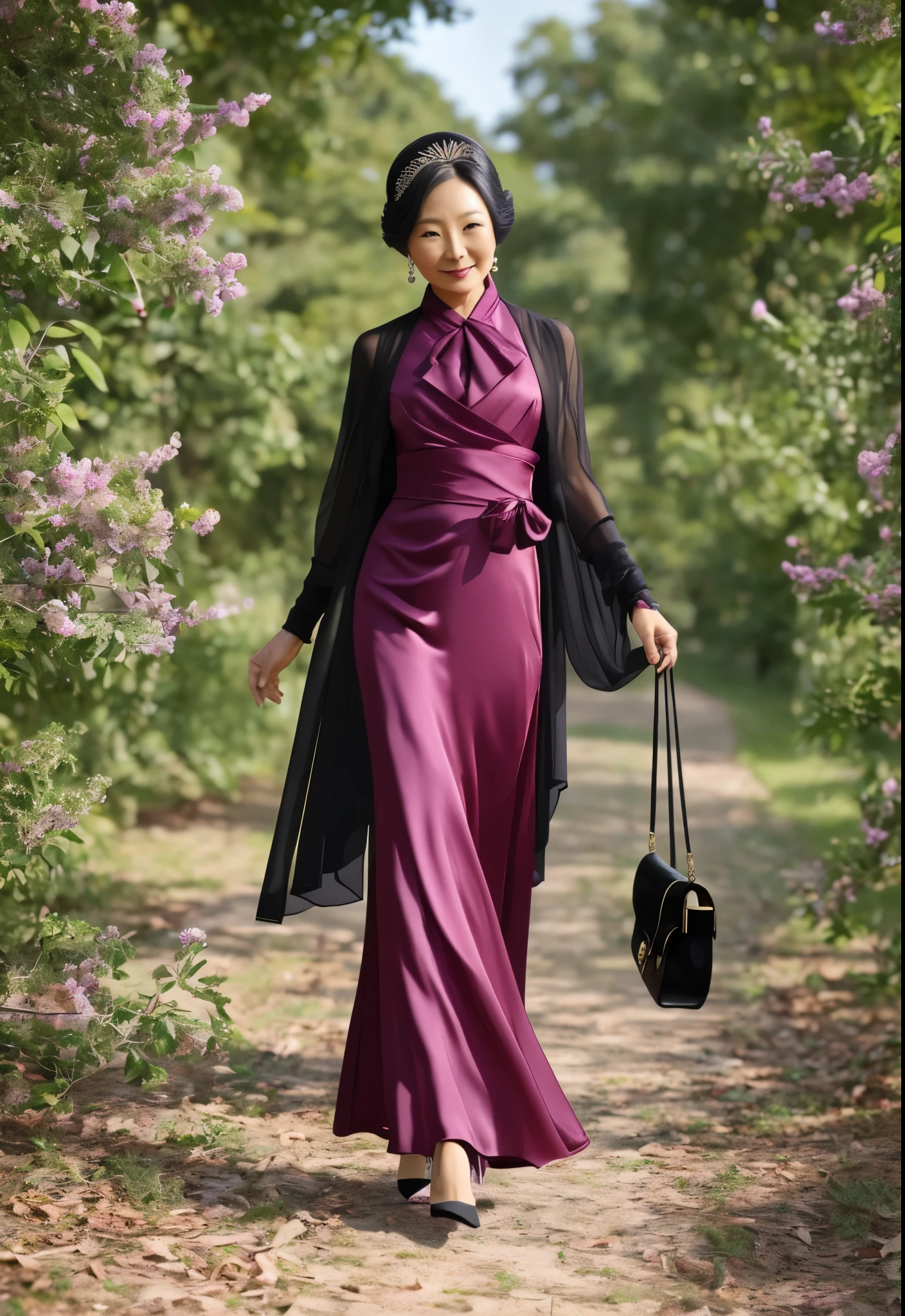 A Chinese beauty, 45 years old, mature, elegant, wearing mulberry silk clothing, full body, surreal, photo --auto --s2