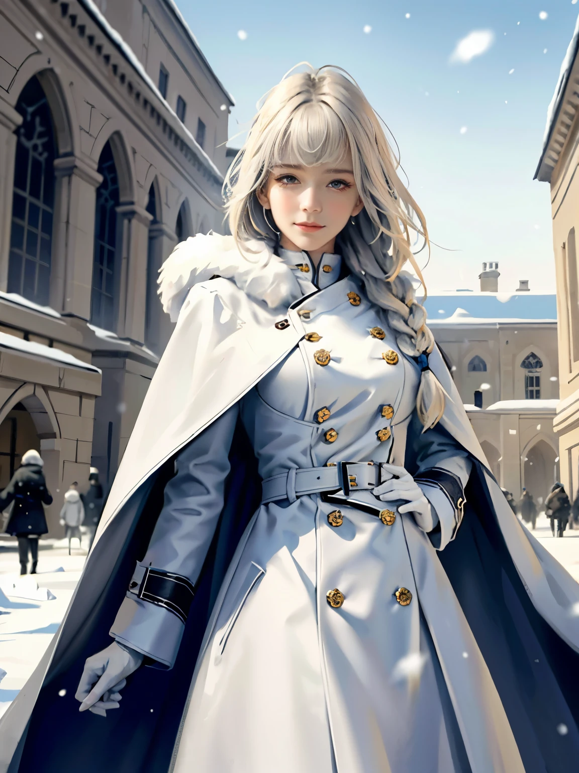 (highest resolution, distinct_image) Best quality, single person, one girl, solo, masterpiece, highly detailed, realistic, long hair, braided white blond hair, (blue military uniform underneath coat), depth of field, outdoor background, falling snow, ((big breasts)), authoritative, dignified, light smiling, calm and powerful expression, ambient lighting, exquisite facial features, fur trimmed white coat, open coat, looking at viewer, head to waist, in a terrace of a monumental building, (((front bangs))), dynamic angle, striking a pose