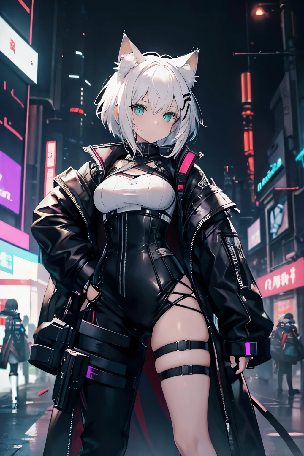 Arknights art style, arknights world,cat girl,cat ears,fluffy white tail,short hair,white hair,green eyes,there is a woman with small breasts and massive hips in a corset and a white outfit, with Fishnet on breasts, humble outfit, wearing techwear and armor, cyberpunk outfit, wearing japanese techwear, intriguing outfit, black and white cyberpunk clothes, cyberpunk style outfit, female cyberpunk anime girl, cyberpunk streetwear, cyberpunk dress, anime girl , photograph of a techwear woman,